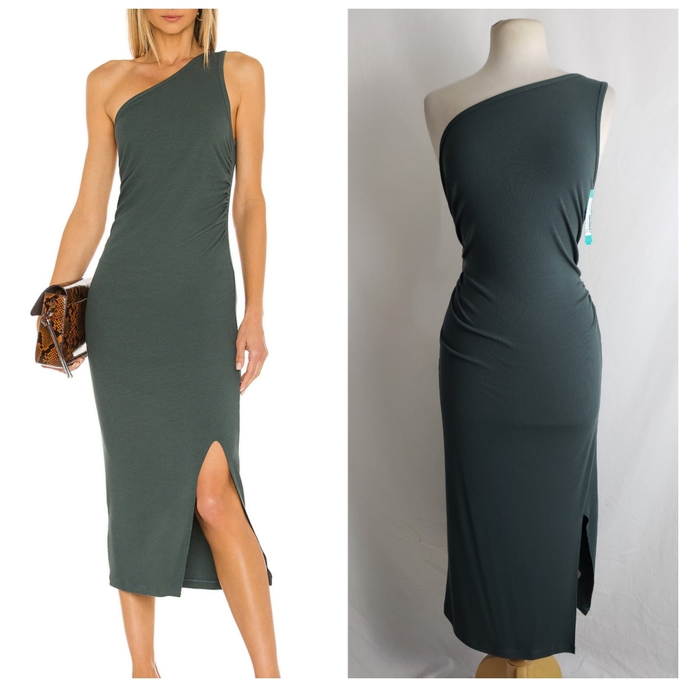 LNA Asymmetric Midi Dress in Forest Green